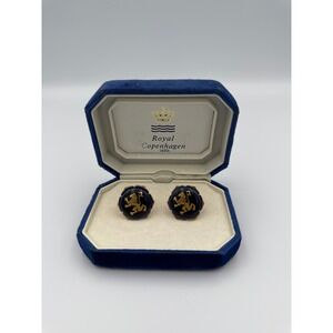 Vintage Royal Copenhagen rare Denmark Lion Gold Blue Enamel Cufflinks Boxed